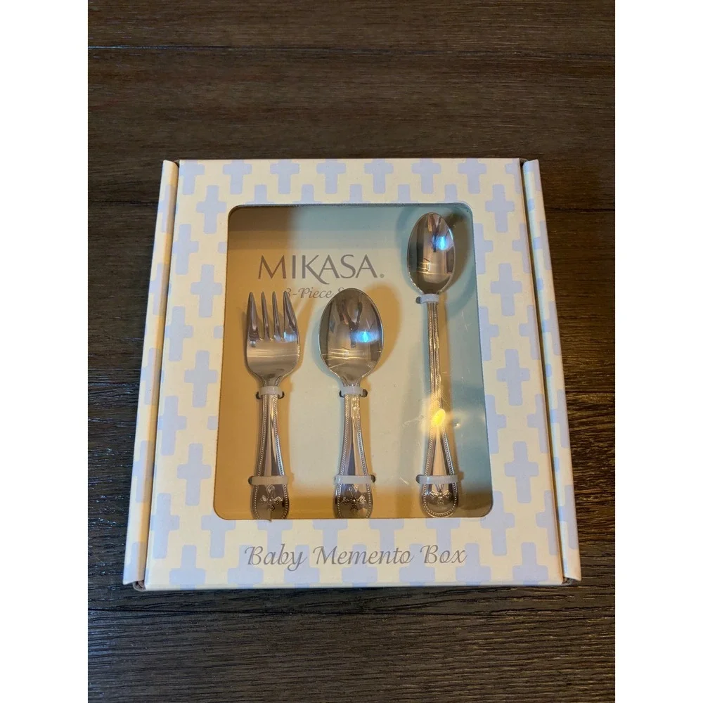 Mikasa 3-Piece Flatware Set Baby OS Silver Cross Memento Box Stainless Steel